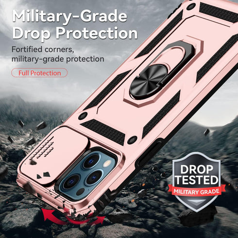 iPhone 12 Pro Max Case with Camera Cover & Kickstand, Impact-Resistant Shockproof Protective Bumper (Rose Gold)