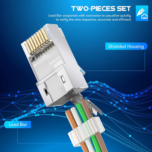 Shielded RJ45 Cat6A Cat7 Pass Through Connectors, 3 Prong 8P8C Gold Plated Modular Data Plug (30 Pack)