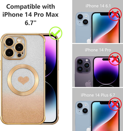RALEAVO Magnetic Gradient Glitter Case for iPhone 14 Pro Max - Bling Clear Love Heart, Shockproof, MagSafe Compatible -
