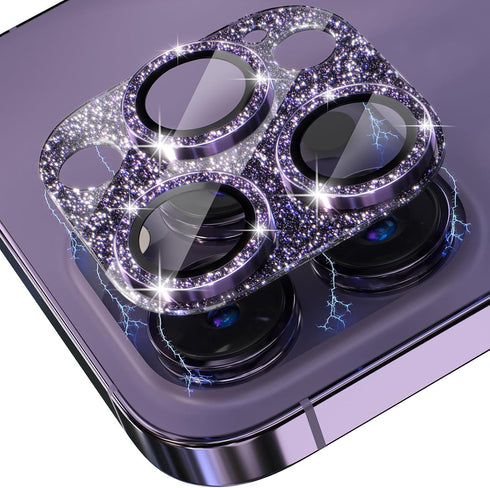 Bling Camera Lens Protector for iPhone 14 Pro/Pro Max - 9H Tempered Glass with Metal Ring, Glitter-Purple.