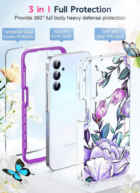 LeYi Dual Layer Cute Flower Pattern Case for Samsung Galaxy A15-5G with Glass Screen Protector, Rugged Shockproof -