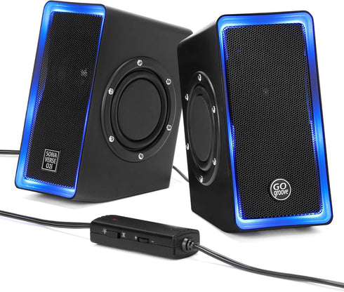 GOgroove Gaming Computer Speakers, Blue LED Light, SonaVERSE O2i Speakers for Desktop, Laptop, PC