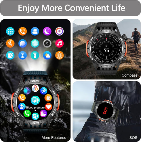 Military Smart Watch - LED Flashlight, Compass, SOS, Rugged Tactical Bluetooth, Heart Rate Monitor, Green