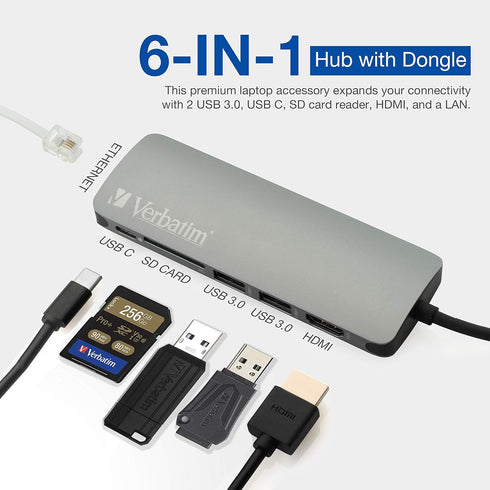 Verbatim 6-in-1 USB C Hub - Compact & Portable USB Hub for Laptop with 2 USB 3.0, USB C, SD Card Reader, 4K HDMI,
