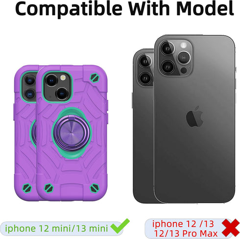 KCJ for iPhone 13 Mini case/iPhone 12 Mini case 5.4 Inch with Ring Holder, with 2 Pack Screen Protector + 1 Pack Camera Lens Protector,Heavy-Duty Military Grade Protector Cover. (Purple+Mint)