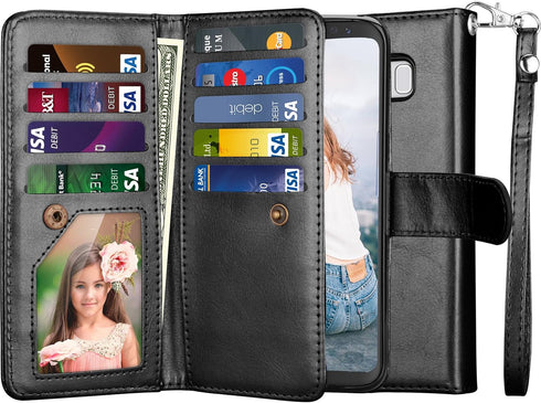 NJJEX for Galaxy S8+ Case - PU Leather Wallet Case with 9 Card Slots, Detachable Kickstand, Black