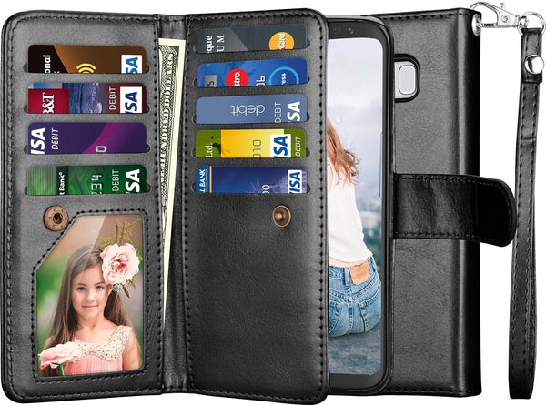 NJJEX for Galaxy S8+ Case - PU Leather Wallet Case with 9 Card Slots, Detachable Kickstand, Black