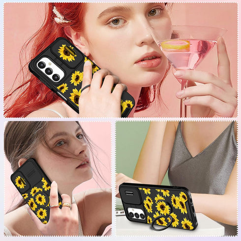 (2in1 Cute Girls Sunflower Kawaii Aesthetic Case for Samsung A14 5G, Black Design with Camera Cover and Ring Stand
