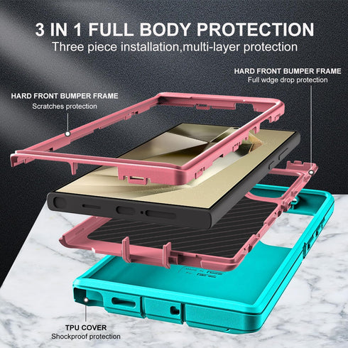 Samsung Galaxy S24 Ultra Case with 2Pcs Self Healing TPU Screen & Camera Lens Protectors, Heavy Duty (Aqua Blue/Pink)
