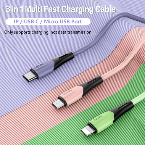 Multi Charging Cable 2-Pack 5FT, 3 in 1 5A Multiple USB Fast Charger Cord Adapter with IP/USB C/Micro USB Connectors