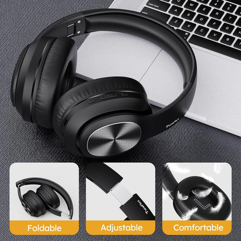 TuneFlux Over Ear Wireless Bluetooth Headphones, 80H Playtime, HiFi Stereo with Deep Bass, Foldable for Smartphone/PC