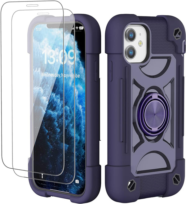 iPhone 11 Case 6.1" - Heavy-Duty Military Grade Cover with Ring Stand & 2 Pack Glass Screen Protectors, Magnetic Car