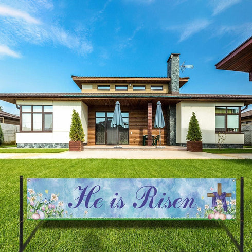 He is Risen Fence Banner, Easter Christian Cross Lily Eggs Religious Party Photo Booth Outdoor Decoration