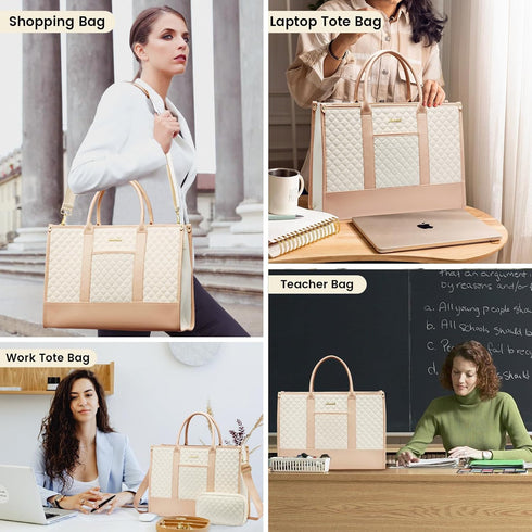 LOVEVOOK 17 Inch Laptop Bags for Women, Waterproof Work Tote Bag with Clutch, Quilted Beige & Brown