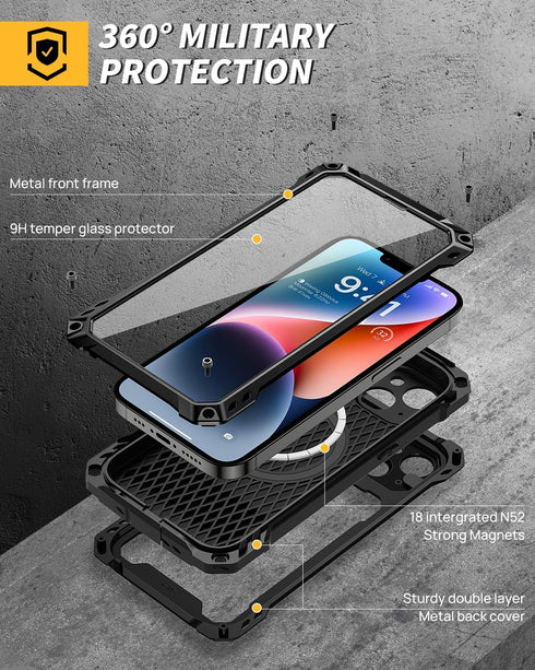 Lanhiem Magnetic Metal Case for iPhone 14, Built-in Camera Kickstand & Glass Screen Protector, Black