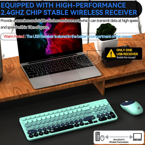 FD Wireless Keyboards and Mouse Combo, 2.4GHz USB Cordless, Cute Round Keys, Slim Quiet Set for Laptop, Computer, TV,