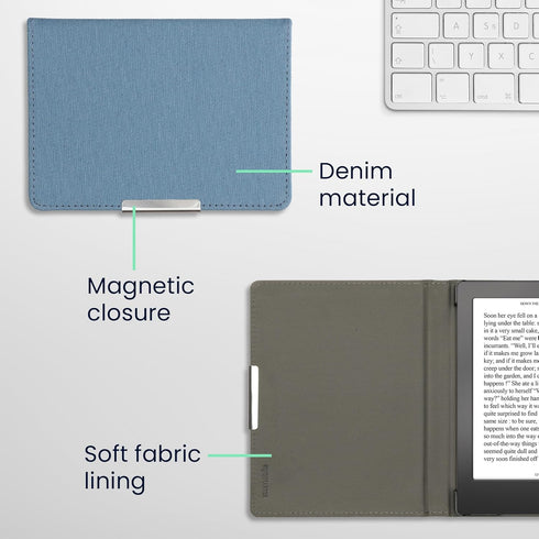kwmobile 2E 4 Cover Compatible with Kobo Clara / Tolino Shine - Case for E-Reader - Denim Look Fabric Flip Case - Blue