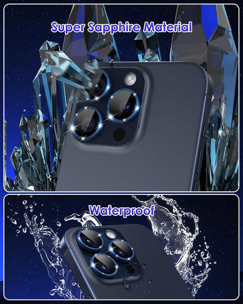 Glitter Camera Lens Protector for iPhone 15 Pro/Pro Max, Clear Acrylic Plus Aluminium Alloy Ring, 9H Tempered Glass