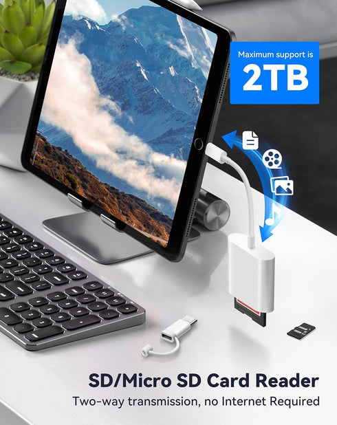 SD Card Reader for iPhone iPad - Dual Connector (Lightning & USB-C) Micro SD Memory Card Adapter