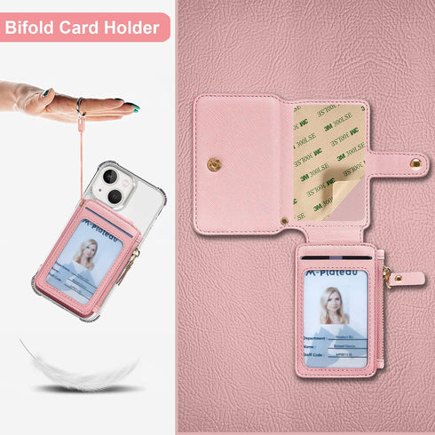 M-Plateau Stick-On Phone Wallet, PU Leather Card Holder with Zipper Coin Pocket for iPhone and Case