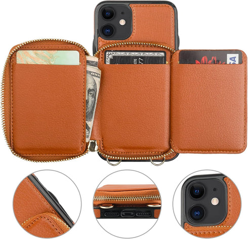 Bocasal RFID Blocking Wallet Case for iPhone 11, Adjustable Crossbody Zipper Purse Case with Kickstand, Brown