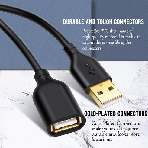 Costyle USB Extension Cable 6FT, 2-Pack USB 2.0 A Male to A Female Extension Cord for USB Devices, Black