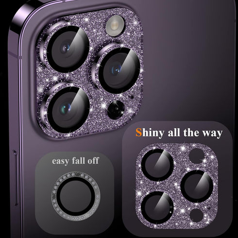 YWXTW iPhone 14 Pro/Pro Max Camera Lens Protector - Glitter Diamond Metal Ring, Tempered Glass Cover (Purple)