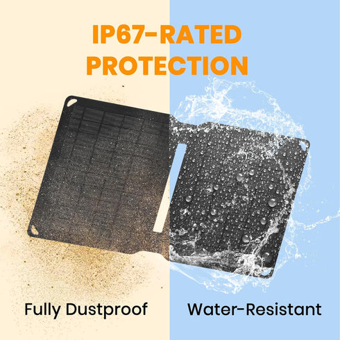 Foldable Solar Charger with 10W Solar Panels (5V 2A Max), USB-A Port for Cell Phone, iPad, Power Bank, IP67 Waterproof