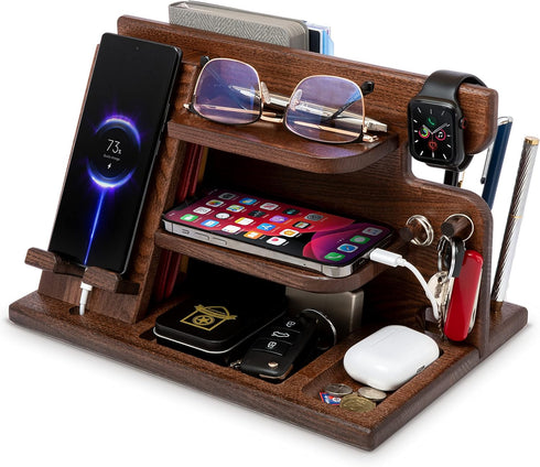 Wood Phone Docking Station, Ash Key Holder Wallet Stand Watch Organizer for Men, Anniversary Gift Idea, Brown