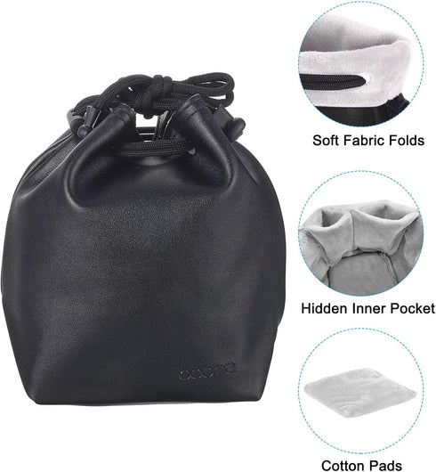 PATIKIL Soft Drawstring Lens Pouch Bag with Cotton Pad, 3.94" x 3.94" Thick Fleece Cloth for SLR Lens, Black