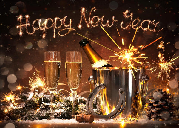 BELECO 5x3ft Fabric Happy New Year Backdrop 2025 New Years Eve Decorations Banner Champagne Fireworks Bokeh