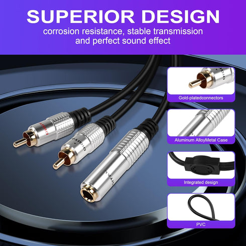 PNGKNYOCN 6.35mm to 2RCA Audio Cable, 1/4" TRS Female Stereo Jack to Dual RCA Male Plug Y Splitter Adapter Cable for
