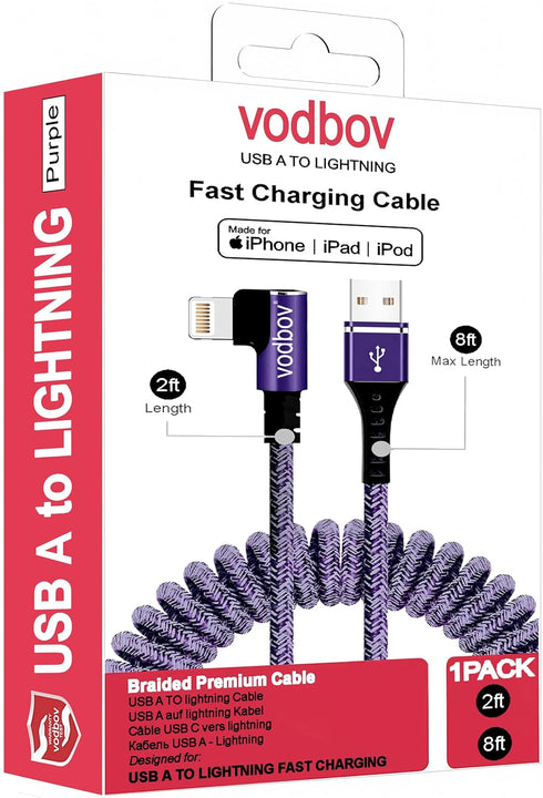 Smart Coiled USB A to Lightning Cable, 2ft to 8FT Extra-Short Ekstra-Long iPhone Charger Cable (Cosmos Purple)