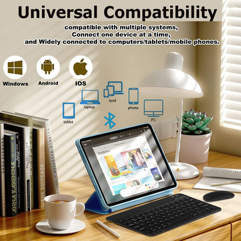 Bluetooth Wireless Keyboard and Mouse Combo, Ultra-Slim Ergonomic Rechargeable Set for Apple iPad, iPhone, Android