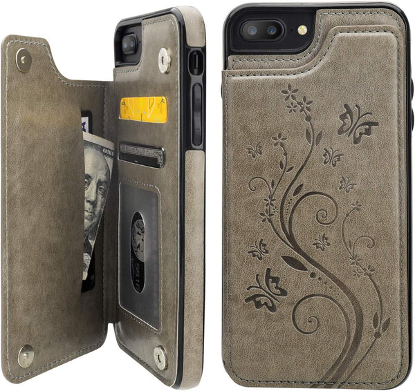 Vaburs iPhone 7 Plus/8 Plus Case Wallet with Card Holder, Embossed Butterfly Premium PU Leather Flip Cover (5.5", Gray)