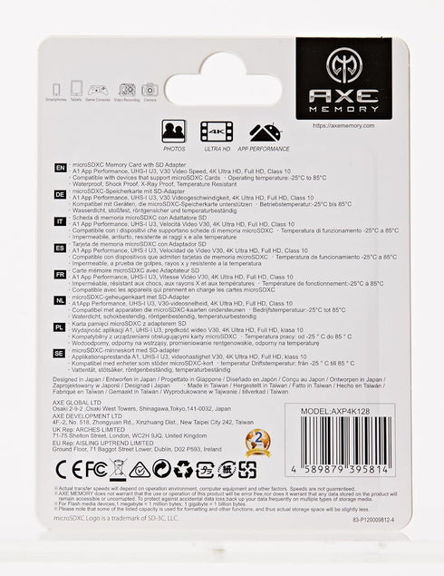 AXE MEMORY 128GB Micro SD Card, 4K Ultra Full HD Video, High Speed MicroSDXC with SD Adapter