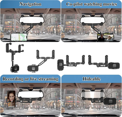 Phone Mount for Car, Rear View Mirror Holder, Rotatable and Retractable for Car Compatible with iPhone Samsung All 4-7
