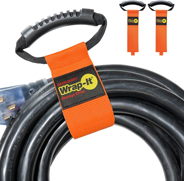 Easy-Carry Wrap-It Storage Straps - 2 Pack 22” Blaze Orange Heavy-Duty Hook and Loop Cord Carrying Strap with Handle