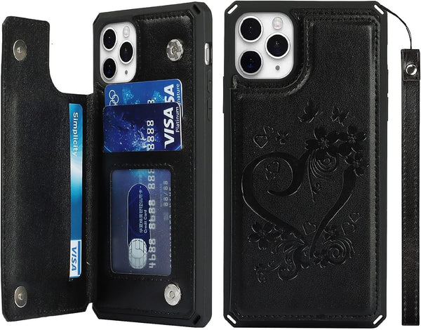 iCoverCase Wallet Phone Case for iPhone 11 Pro Max, RFID Blocking Card Holder, Embossed PU Leather with Wrist Strap