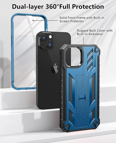 Protective Case for iPhone 13/14, Heavy Duty Military Grade Cover with Built-in Kickstand, Durable Dual-Layer Blue