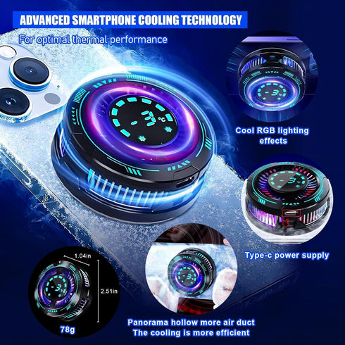 Generic 15W 60-115mm Phone Cooler for Gaming & Streaming - LED Display Radiator Cooling Fan with Magnetic Attachment