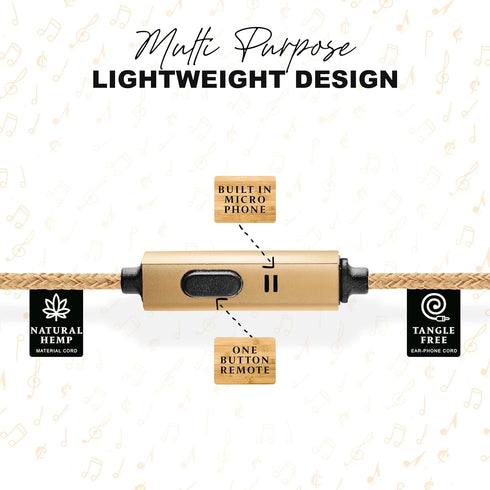 Earth-Budz Wood Earbuds, Hand-Crafted Bamboo with Microphone and Natural Hemp Cord, Lightweight