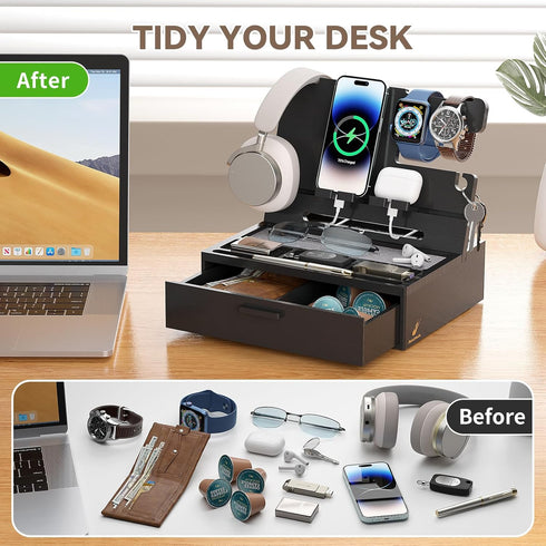 Pezin & Hulin Wooden Charging Station, Bedside Nightstand Tray, with Spacious Drawer, Felt Pads for Phones, Watch, Idea