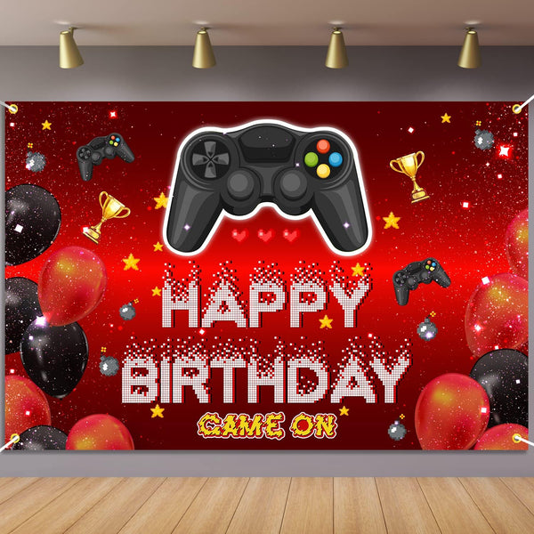 Video Game On Happy Birthday Backdrop Banner Decorations for Boys Kids, Red and Black Level Up Theme