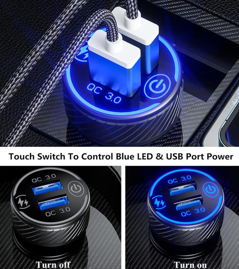 BRCOVAN Car Charger, Dual QC3.0 Port USB Phone Charger Adapter, 36W 3A Fast Charge with Touch Switch & Blue LED