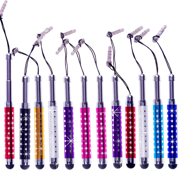 ECO-FUSED 12 Adjustable Bling Stylus Pen Bundle - 3.5mm Jack Connector for All Capacitive Touchscreen Devices