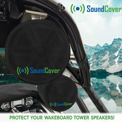 Two Large Black Heavy Duty Marine Wakeboard Tower Pod Speaker Covers for Large Round Boat Speakers
