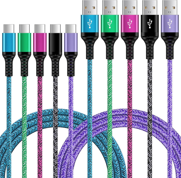USB C Cord Fast Type C Charging Cable 6FT 5Pack Nylon Phone Charger Cord for Samsung Galaxy A12 A32 A52 S23 S22 S21 A14