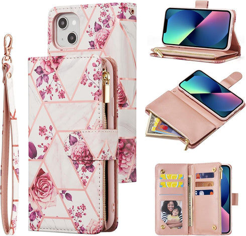 UEEBAI Wallet Case for iPhone 15, PU Leather Case Magnetic Closure Handbag Zipper