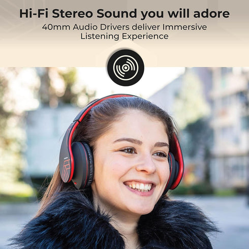 PowerLocus Bluetooth Over-Ear Headphones, Wireless and Wired Headsets with Built-in Mic, Micro SD/TF, FM (Black/Red)